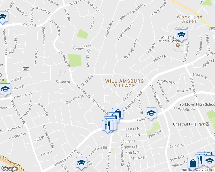 map of restaurants, bars, coffee shops, grocery stores, and more near 3527 Rockingham Street in Arlington