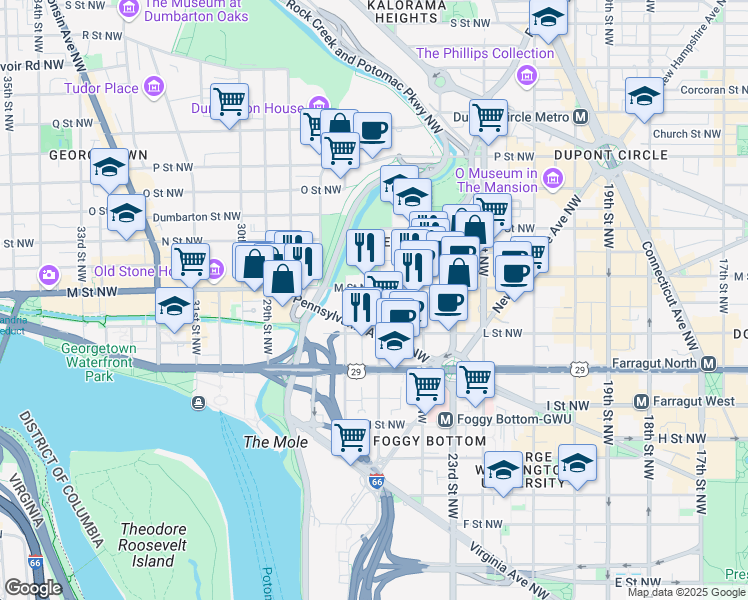 map of restaurants, bars, coffee shops, grocery stores, and more near 1132 25th Street Northwest in Washington