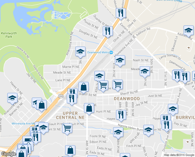 map of restaurants, bars, coffee shops, grocery stores, and more near 1050 45th Street Northeast in Washington