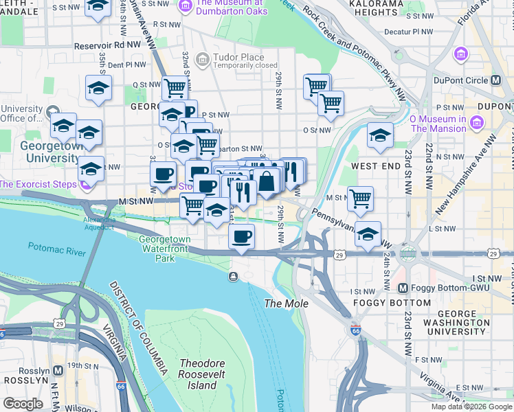 map of restaurants, bars, coffee shops, grocery stores, and more near 3000 M Street Northwest in Washington