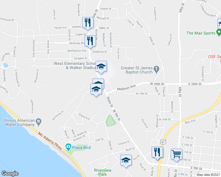 map of restaurants, bars, coffee shops, grocery stores, and more near 1412 Monroe Street in Alton