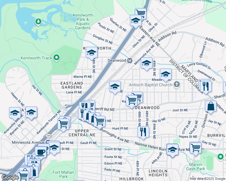 map of restaurants, bars, coffee shops, grocery stores, and more near 1050 45th Street Northeast in Washington