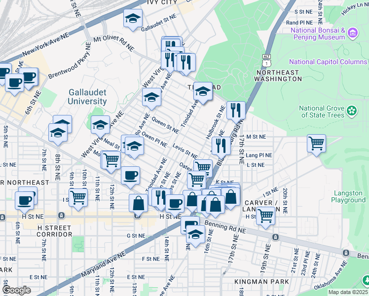 map of restaurants, bars, coffee shops, grocery stores, and more near 1324 Levis Street Northeast in Washington