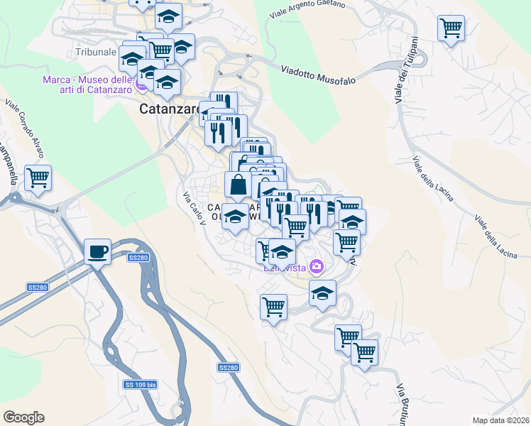map of restaurants, bars, coffee shops, grocery stores, and more near 151-159 Corso Giuseppe Mazzini in Catanzaro