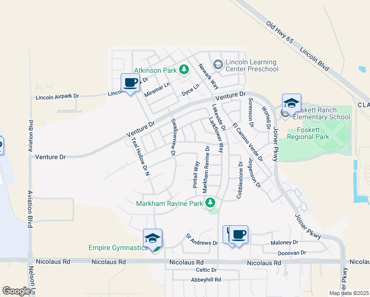 map of restaurants, bars, coffee shops, grocery stores, and more near 1574 Moonshadow Way in Lincoln