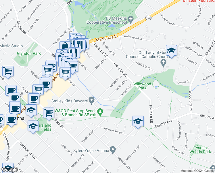 map of restaurants, bars, coffee shops, grocery stores, and more near 416 Berry Street Southeast in Vienna