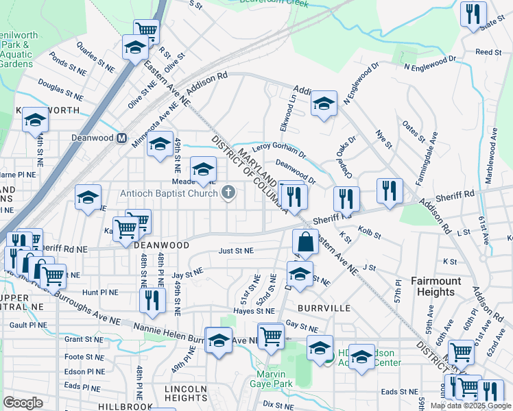 map of restaurants, bars, coffee shops, grocery stores, and more near 5030 Lee Street Northeast in Washington