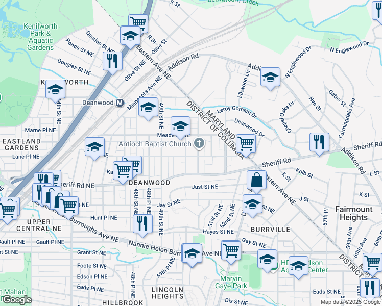 map of restaurants, bars, coffee shops, grocery stores, and more near 5010 Lee Street Northeast in Washington