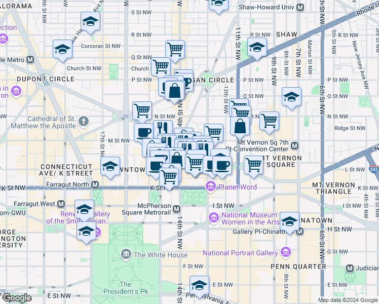map of restaurants, bars, coffee shops, grocery stores, and more near 1330 Massachusetts Avenue Northwest in Washington