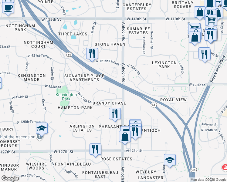 map of restaurants, bars, coffee shops, grocery stores, and more near 8808 West 124th Street in Overland Park