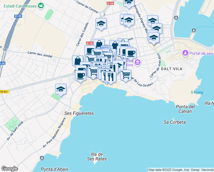 map of restaurants, bars, coffee shops, grocery stores, and more near Passeig ses Pitiüses in Ibiza