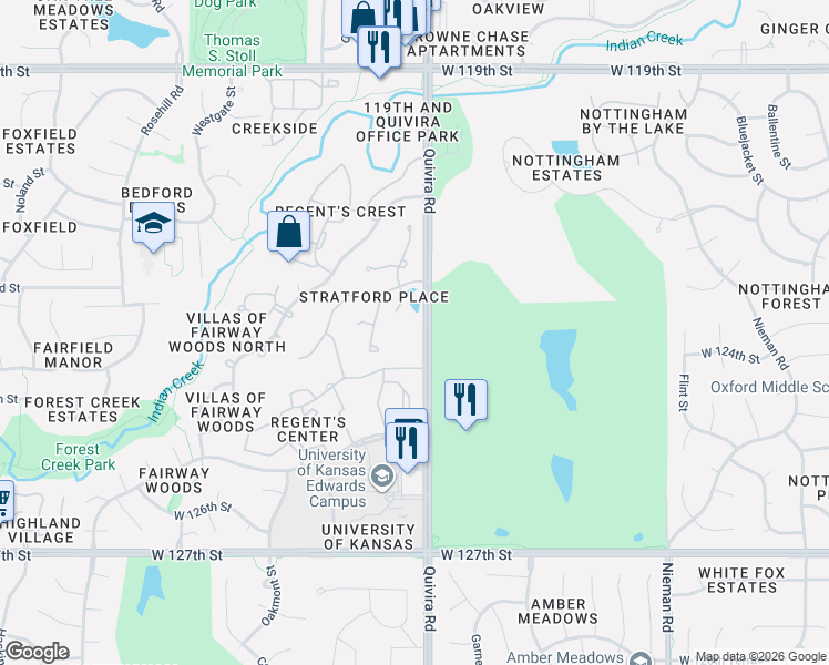 map of restaurants, bars, coffee shops, grocery stores, and more near 12340 Quivira Road in Overland Park