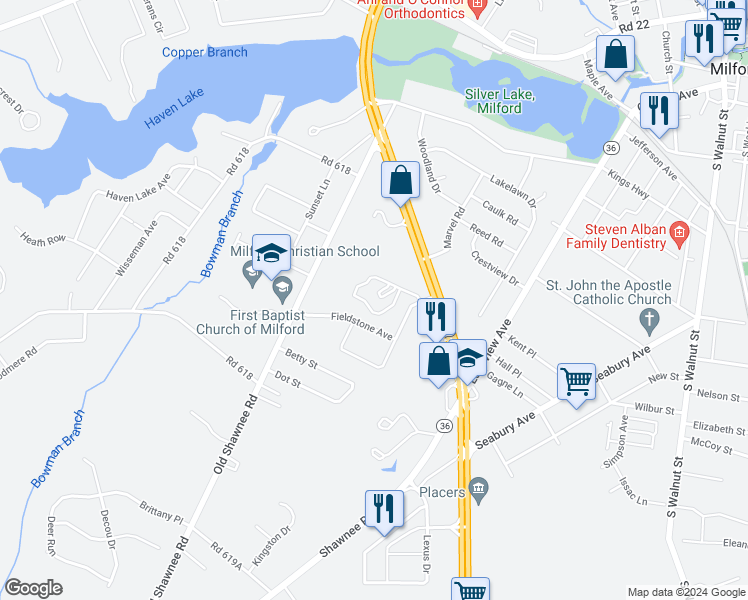 map of restaurants, bars, coffee shops, grocery stores, and more near 500 South Dupont Boulevard in Milford