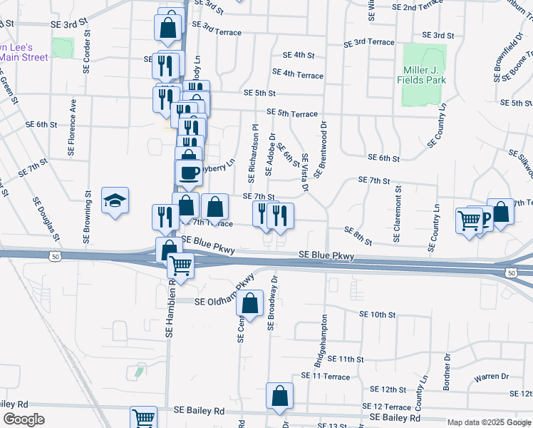 map of restaurants, bars, coffee shops, grocery stores, and more near 1007 Southeast 7th Street in Lee's Summit