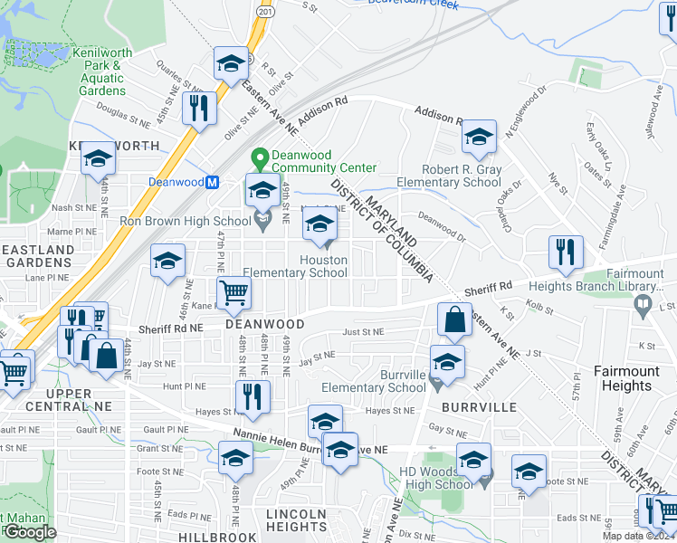 map of restaurants, bars, coffee shops, grocery stores, and more near 5010 Lee Street Northeast in Washington