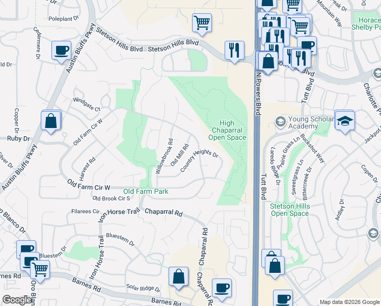 map of restaurants, bars, coffee shops, grocery stores, and more near 5095 Old Mill Road in Colorado Springs