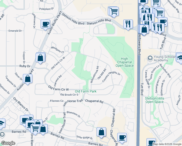 map of restaurants, bars, coffee shops, grocery stores, and more near 5050 Farm Ridge Place in Colorado Springs