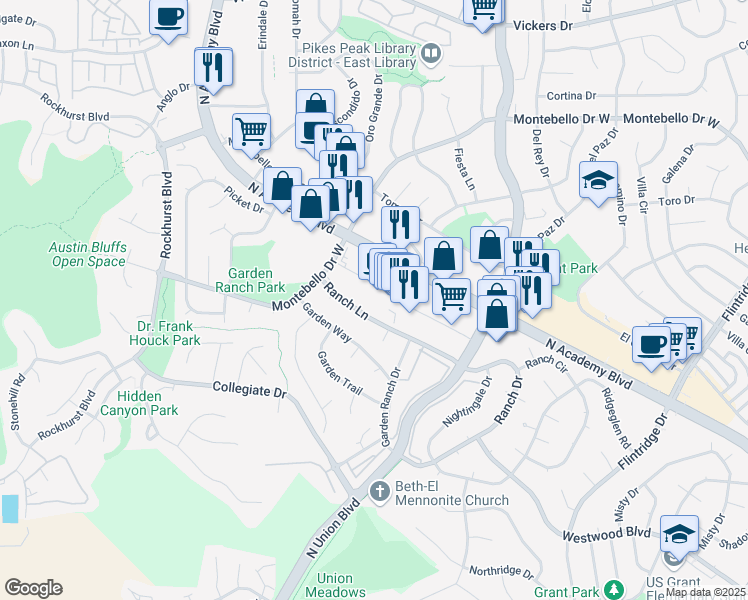 map of restaurants, bars, coffee shops, grocery stores, and more near 5240 North Academy Boulevard in Colorado Springs