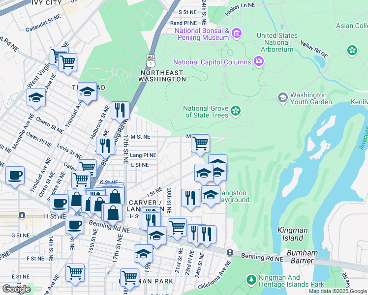 map of restaurants, bars, coffee shops, grocery stores, and more near 101 Independence Avenue Southeast in Washington
