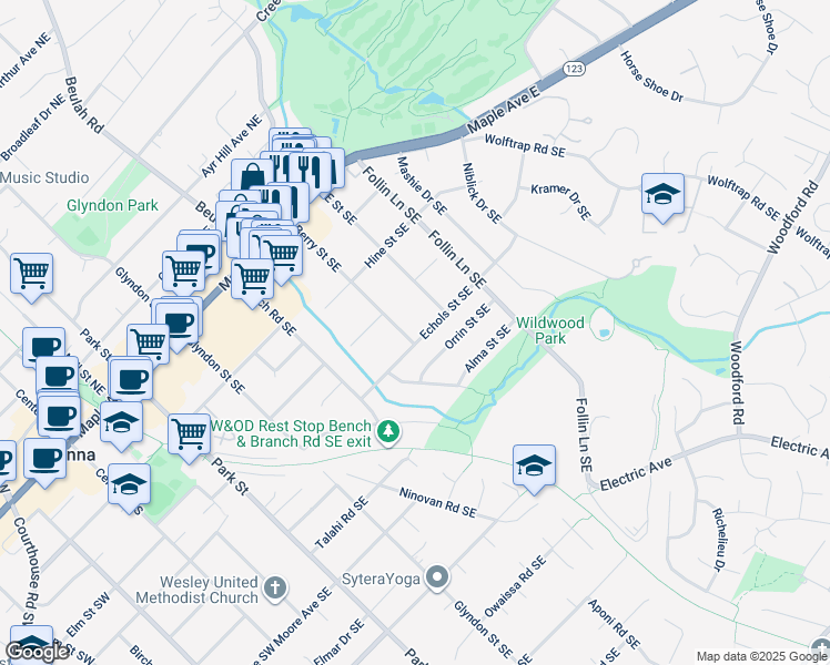 map of restaurants, bars, coffee shops, grocery stores, and more near 416 Berry Street Southeast in Vienna