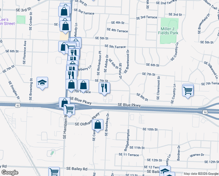 map of restaurants, bars, coffee shops, grocery stores, and more near 1017 Southeast 7th Street in Lee's Summit