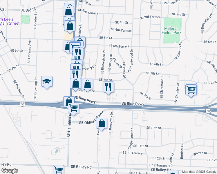 map of restaurants, bars, coffee shops, grocery stores, and more near 1007 Southeast 7th Street in Lee's Summit