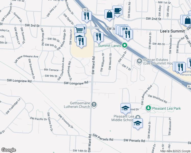 map of restaurants, bars, coffee shops, grocery stores, and more near 701 Southwest Ward Road in Lee's Summit