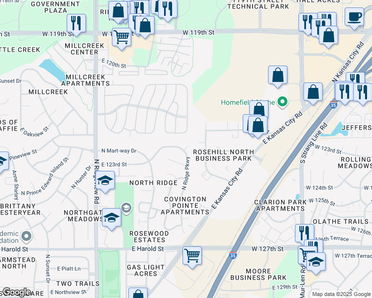 map of restaurants, bars, coffee shops, grocery stores, and more near 1382 North Ridge Parkway in Olathe