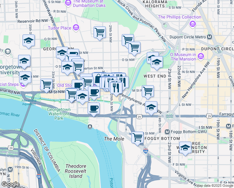 map of restaurants, bars, coffee shops, grocery stores, and more near 1205 28th St NW in Washington