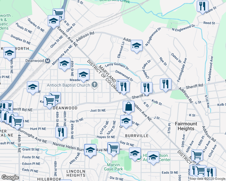 map of restaurants, bars, coffee shops, grocery stores, and more near 5130 Lee Street Northeast in Washington