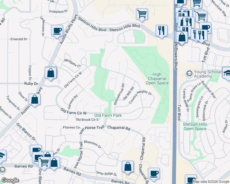 map of restaurants, bars, coffee shops, grocery stores, and more near 5050 Farm Ridge Place in Colorado Springs