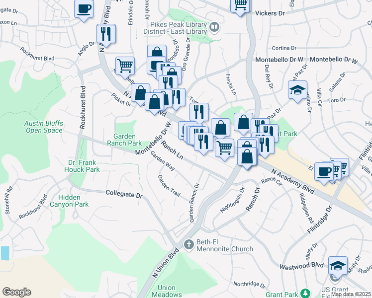 map of restaurants, bars, coffee shops, grocery stores, and more near 5240 Academy Boulevard North in Colorado Springs