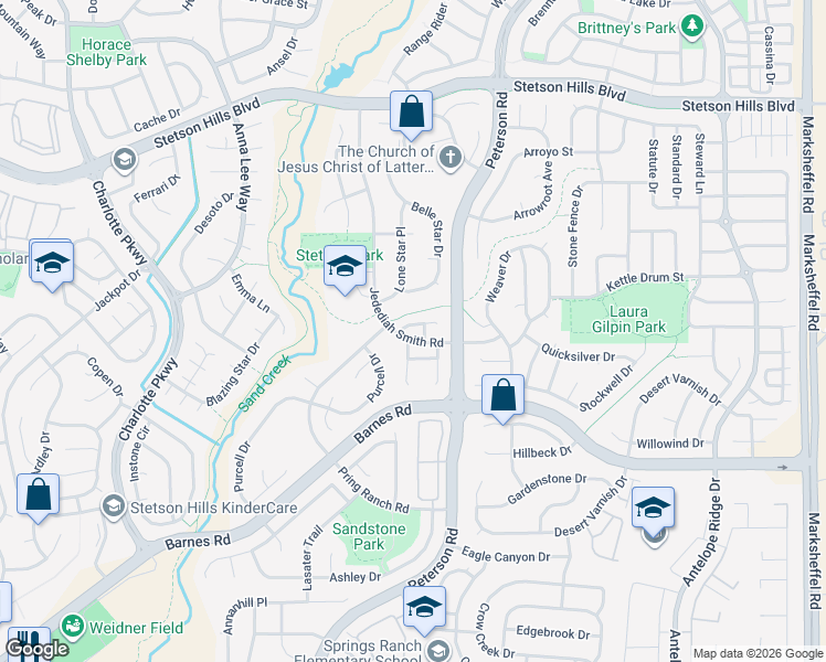 map of restaurants, bars, coffee shops, grocery stores, and more near 7027 Davey Crocket Court in Colorado Springs