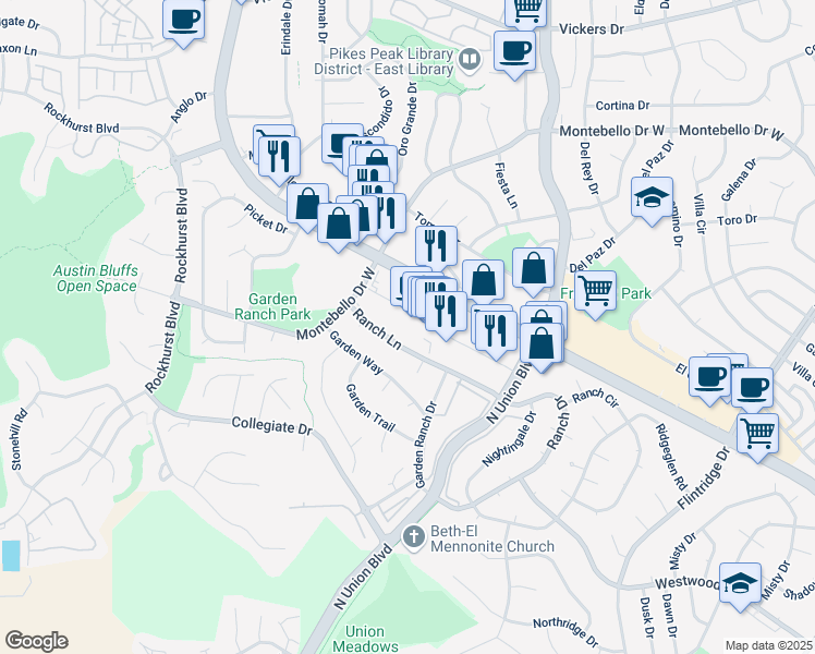 map of restaurants, bars, coffee shops, grocery stores, and more near 5240 Academy Boulevard North in Colorado Springs