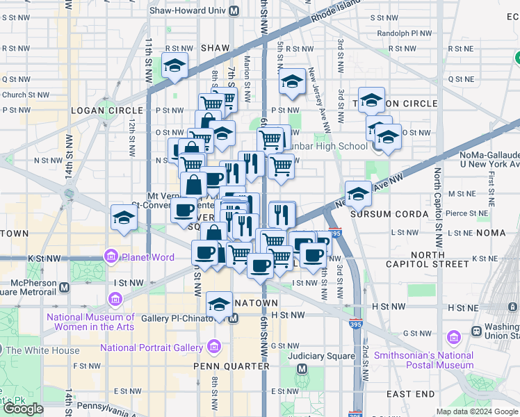 map of restaurants, bars, coffee shops, grocery stores, and more near 1124 6th Street Northwest in Washington