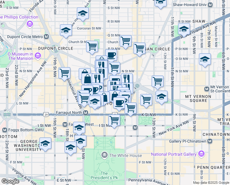 map of restaurants, bars, coffee shops, grocery stores, and more near 1152 15th Street Northwest in Washington