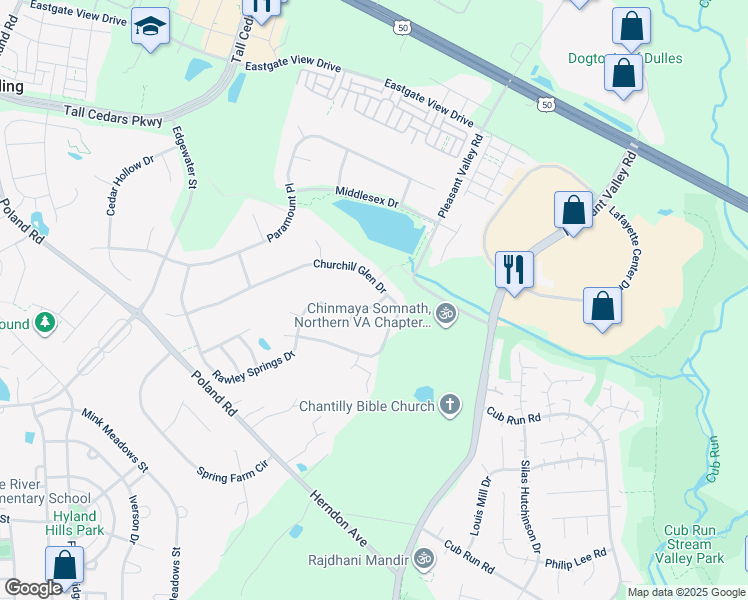 map of restaurants, bars, coffee shops, grocery stores, and more near 25906 Rawley Springs Dr in Chantilly