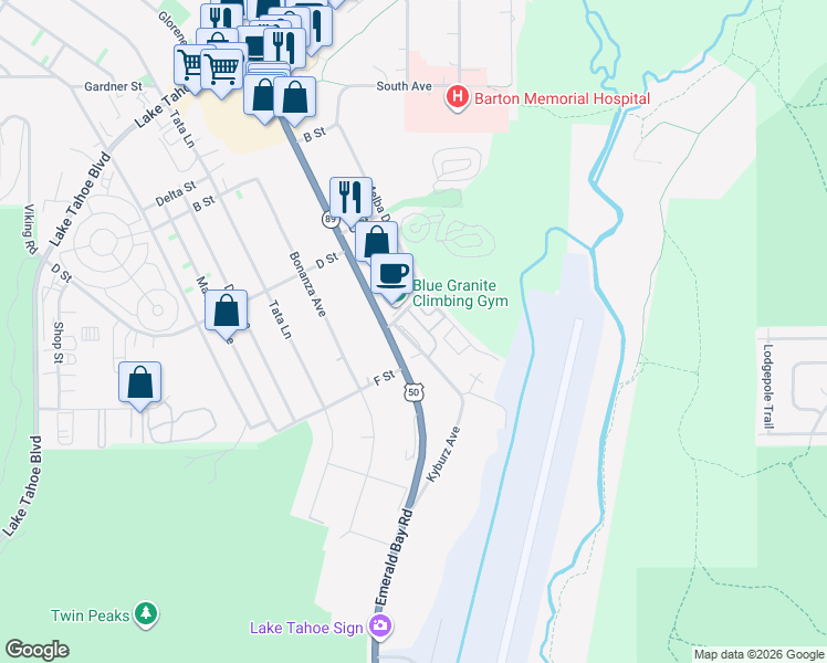 map of restaurants, bars, coffee shops, grocery stores, and more near 2030 E Street in South Lake Tahoe