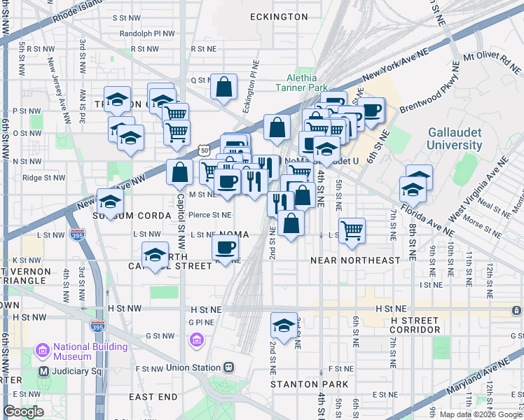 map of restaurants, bars, coffee shops, grocery stores, and more near Rail Street in Capitol Heights