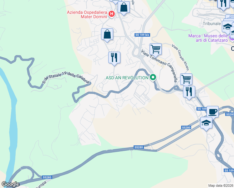 map of restaurants, bars, coffee shops, grocery stores, and more near 14 Via Biagio Miraglia in Catanzaro