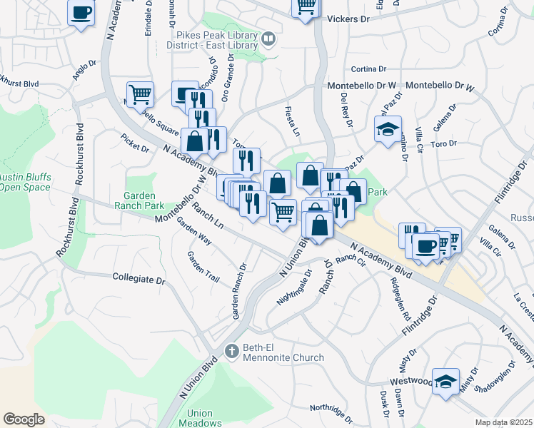 map of restaurants, bars, coffee shops, grocery stores, and more near 5125 North Academy Boulevard in Colorado Springs