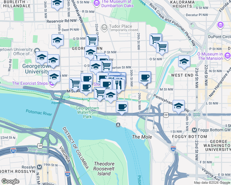 map of restaurants, bars, coffee shops, grocery stores, and more near 3104 M Street Northwest in Washington
