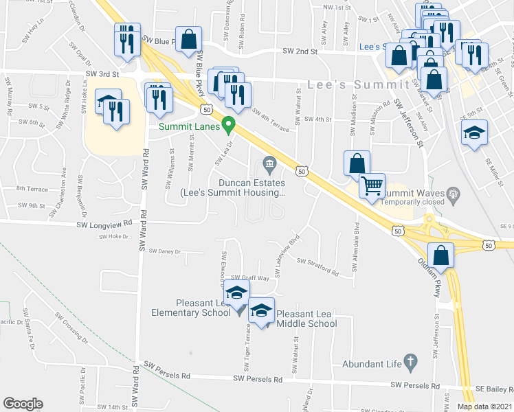 map of restaurants, bars, coffee shops, grocery stores, and more near 805 Southwest Mill Street in Lee's Summit