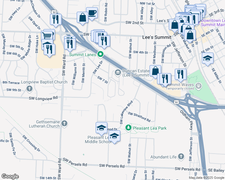 map of restaurants, bars, coffee shops, grocery stores, and more near 805 Southwest Mill Street in Lee's Summit