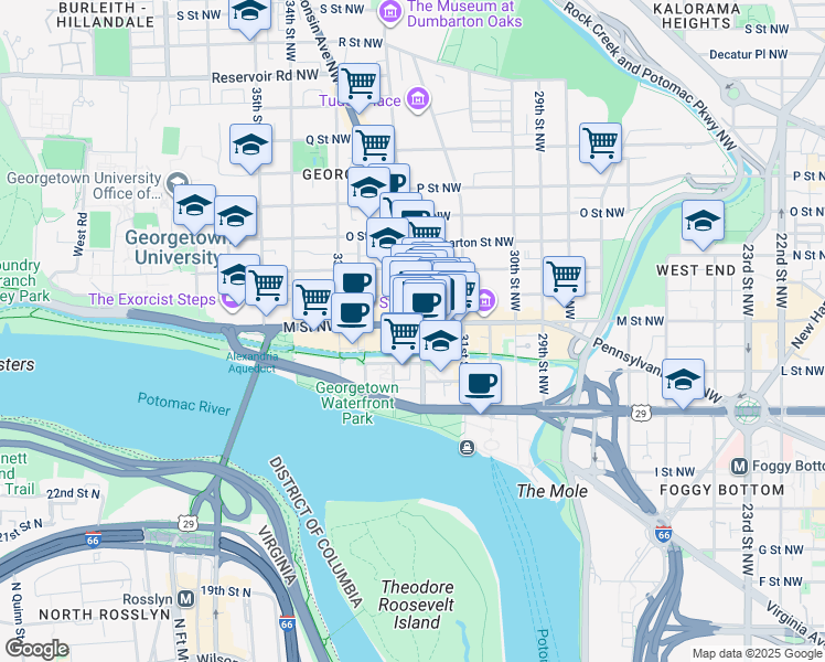 map of restaurants, bars, coffee shops, grocery stores, and more near 3206 M Street Northwest in Washington