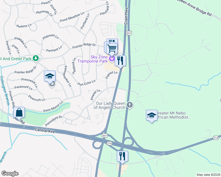 map of restaurants, bars, coffee shops, grocery stores, and more near 1119 Patriot Lane in Bowie