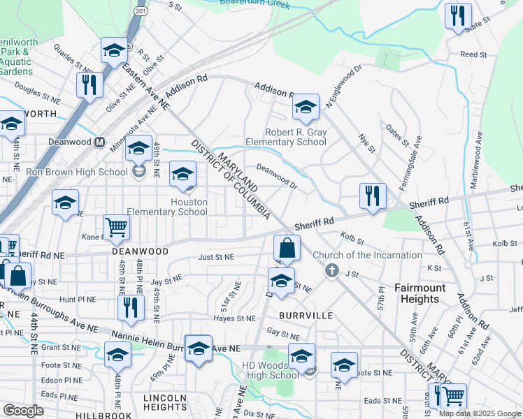 map of restaurants, bars, coffee shops, grocery stores, and more near 1106 Eastern Avenue Northeast in Washington