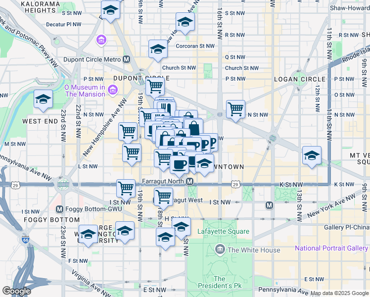 map of restaurants, bars, coffee shops, grocery stores, and more near 1725 Desales Street Northwest in Washington