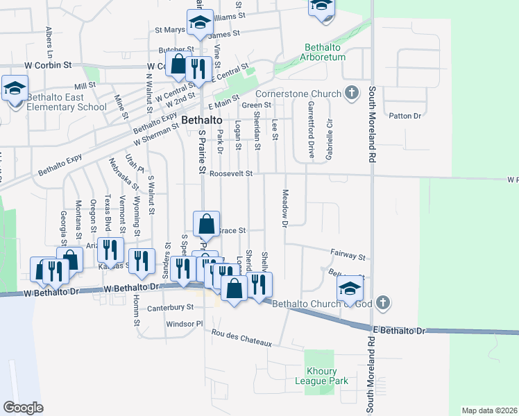 map of restaurants, bars, coffee shops, grocery stores, and more near 435 Sheridan Street in Bethalto