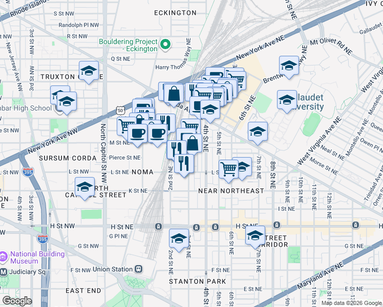 map of restaurants, bars, coffee shops, grocery stores, and more near 101 Independence Avenue Southeast in Washington